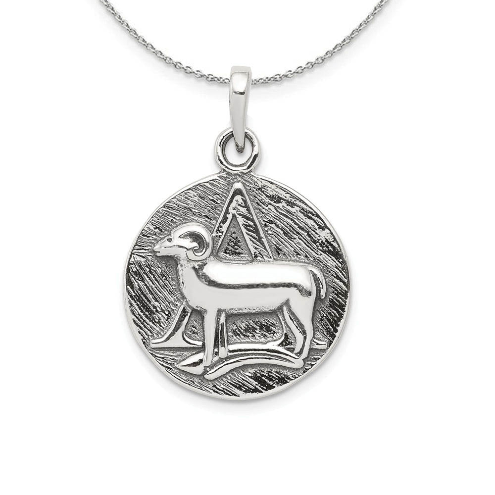 Sterling Silver Aries the Ram Zodiac Embossed Circle Antiqued Necklace, Item N15192 by The Black Bow Jewelry Co.