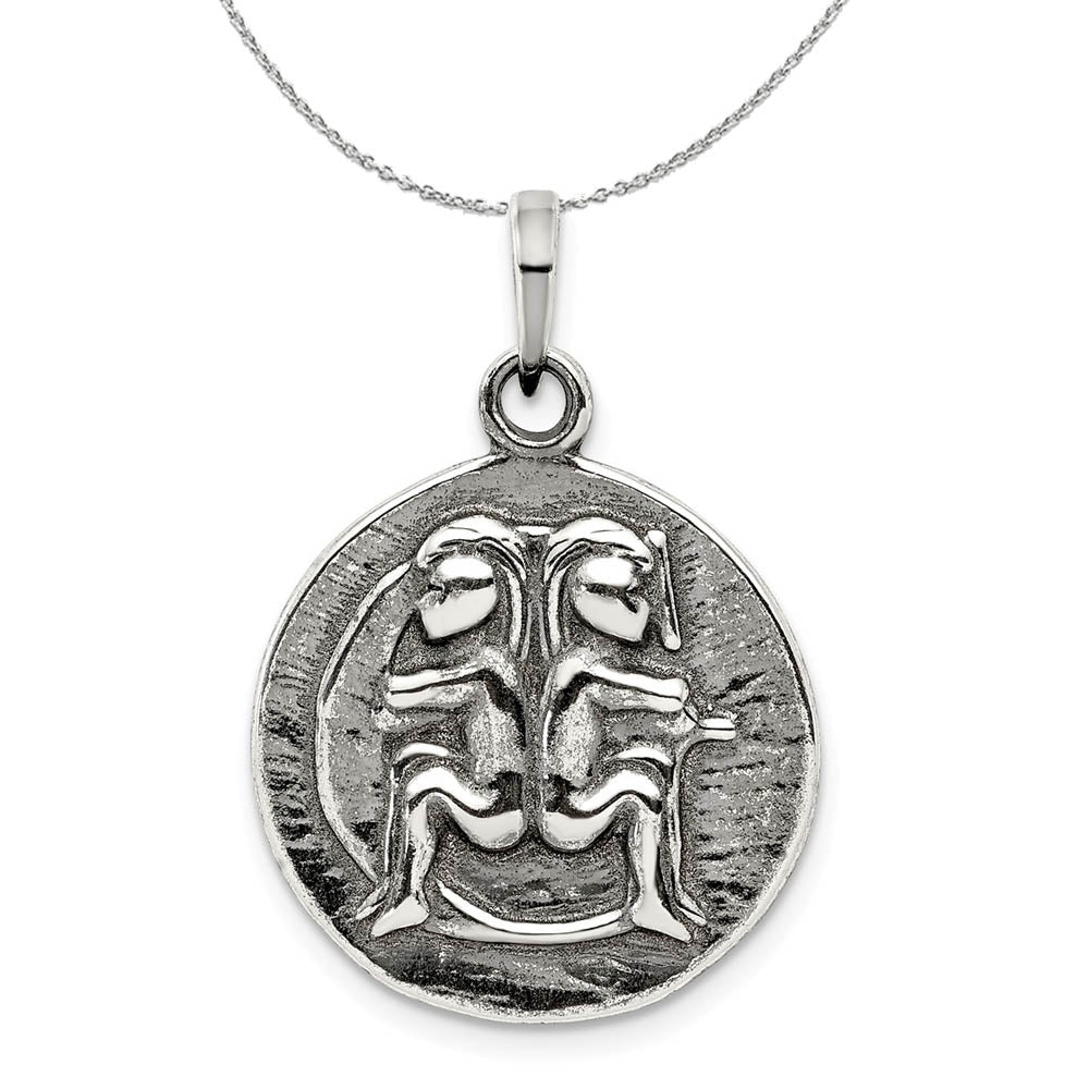 Sterling Silver Gemini the Twins Zodiac Embossed Circle Necklace, Item N15194 by The Black Bow Jewelry Co.