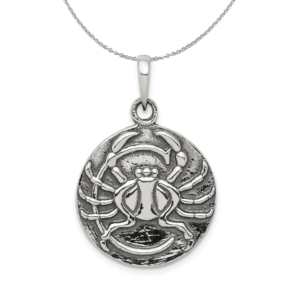 Sterling Silver Cancer the Crab Zodiac Embossed Circle Necklace, Item N15195 by The Black Bow Jewelry Co.