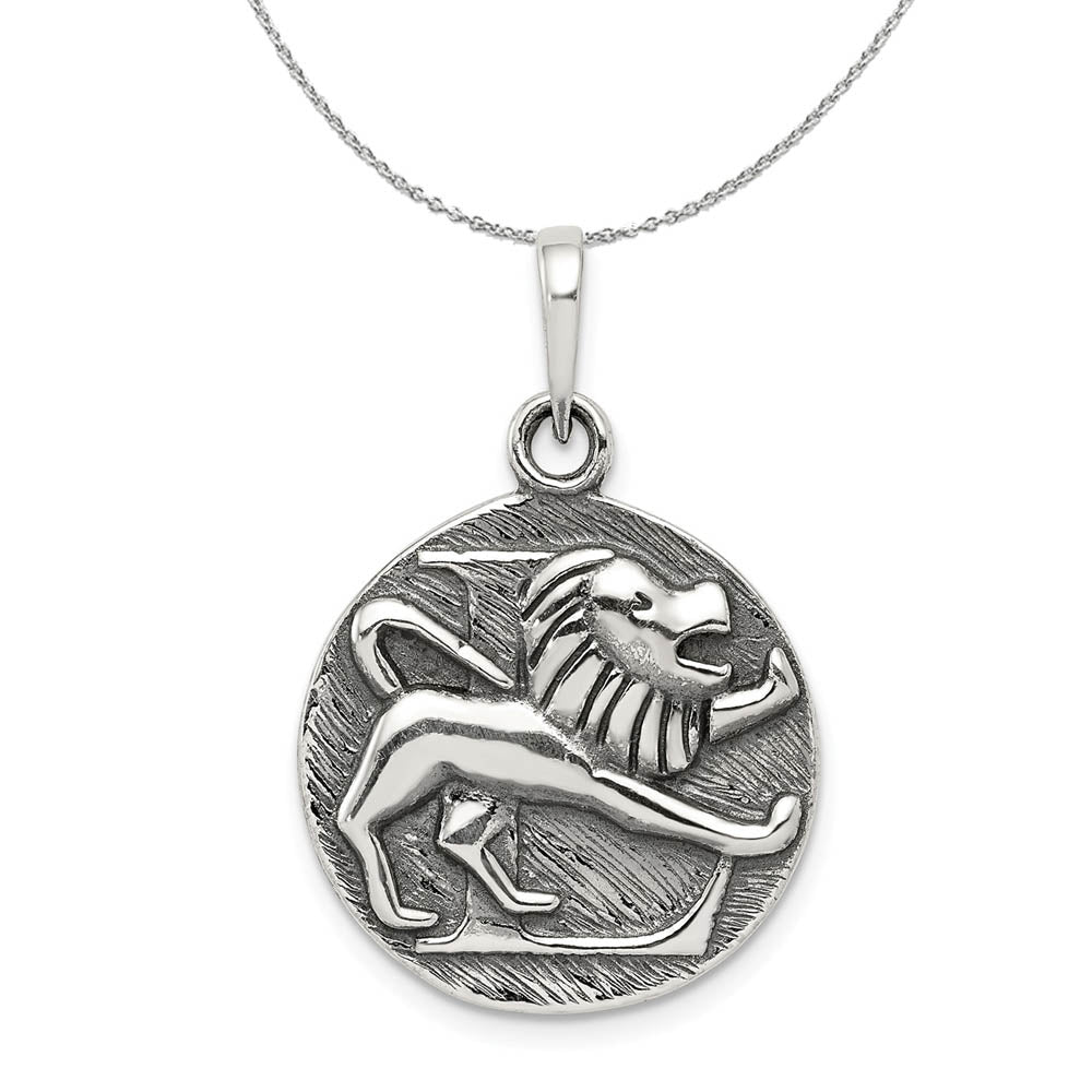Sterling Silver Leo the Lion Zodiac Embossed Circle Necklace, Item N15196 by The Black Bow Jewelry Co.