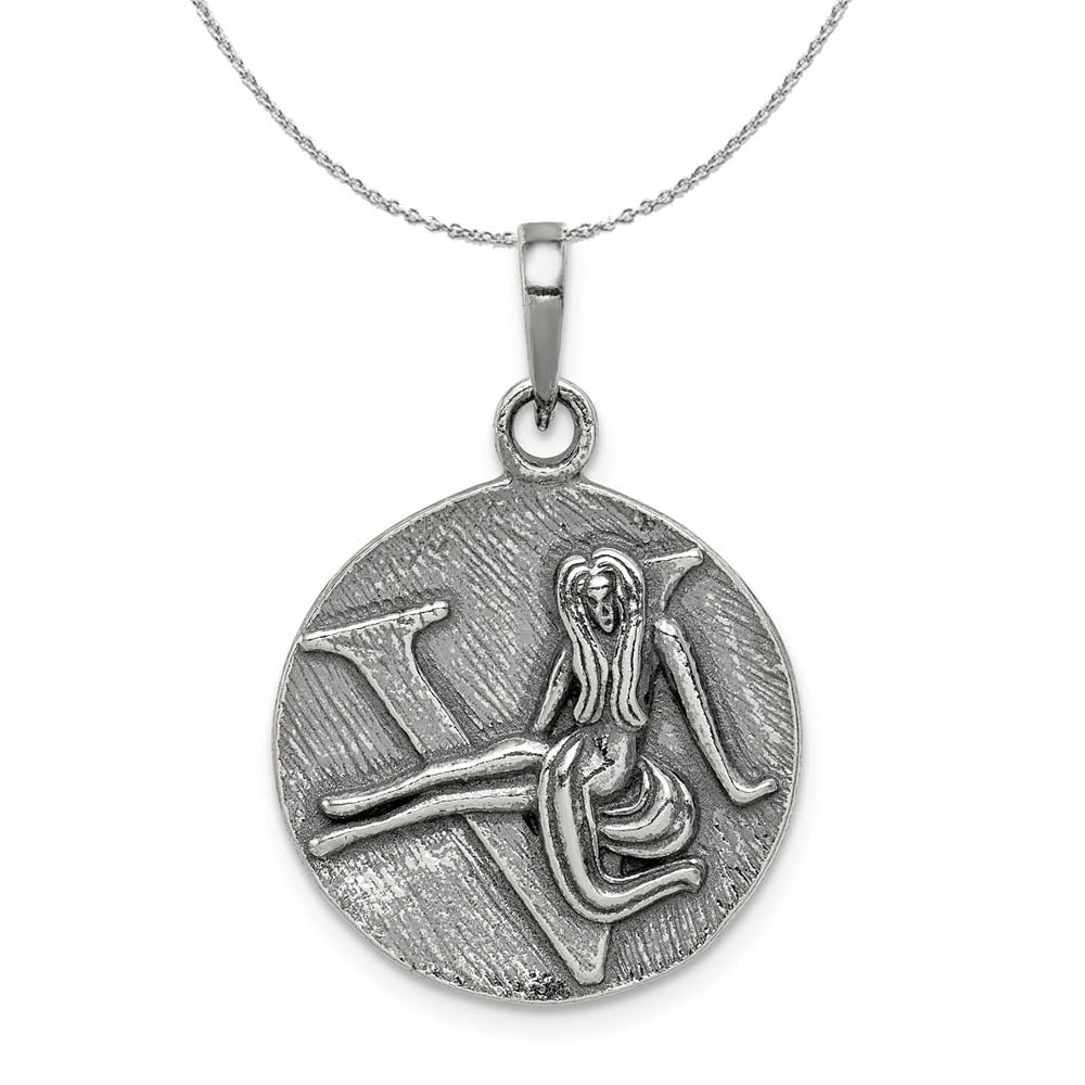 Sterling Silver Virgo the Virgin Zodiac Embossed Circle Necklace, Item N15197 by The Black Bow Jewelry Co.