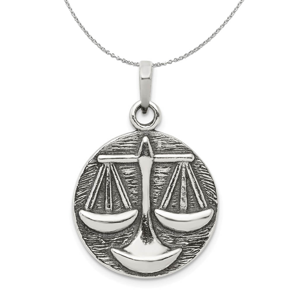 Sterling Silver Libra the Scale Zodiac Embossed Circle Necklace, Item N15198 by The Black Bow Jewelry Co.