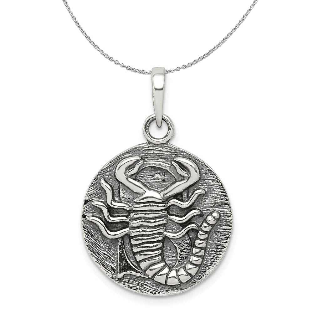 Sterling Silver Scorpio the Scorpion Zodiac Embossed Circle Necklace, Item N15199 by The Black Bow Jewelry Co.