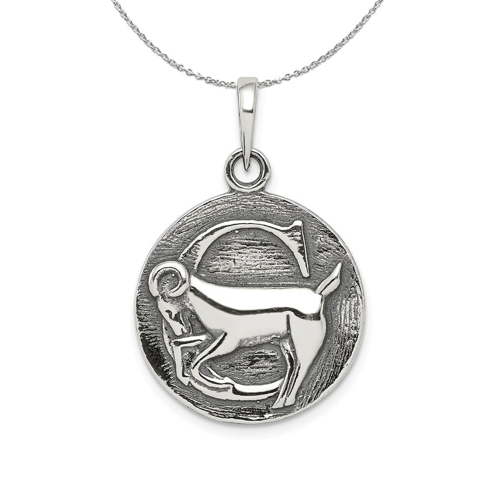 Sterling Silver Capricorn the Goat Zodiac Embossed Circle Necklace, Item N15201 by The Black Bow Jewelry Co.