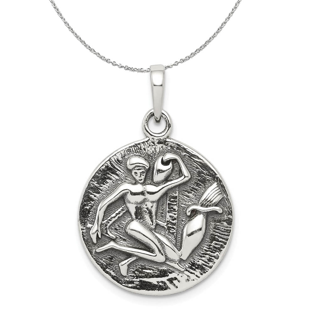 Sterling Silver Aquarius the Water Bearer Zodiac Embossed Necklace, Item N15202 by The Black Bow Jewelry Co.