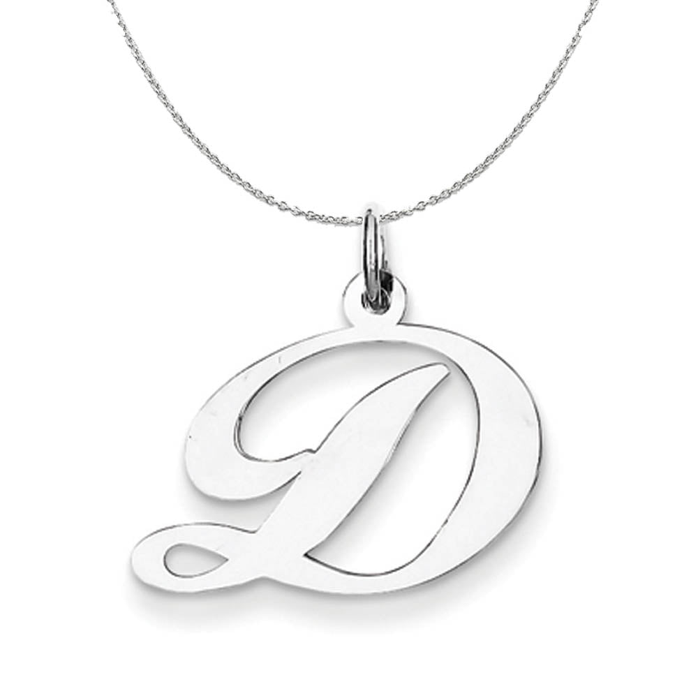Silver, Ella Collection Medium Fancy Script Initial D Necklace, Item N15219 by The Black Bow Jewelry Co.