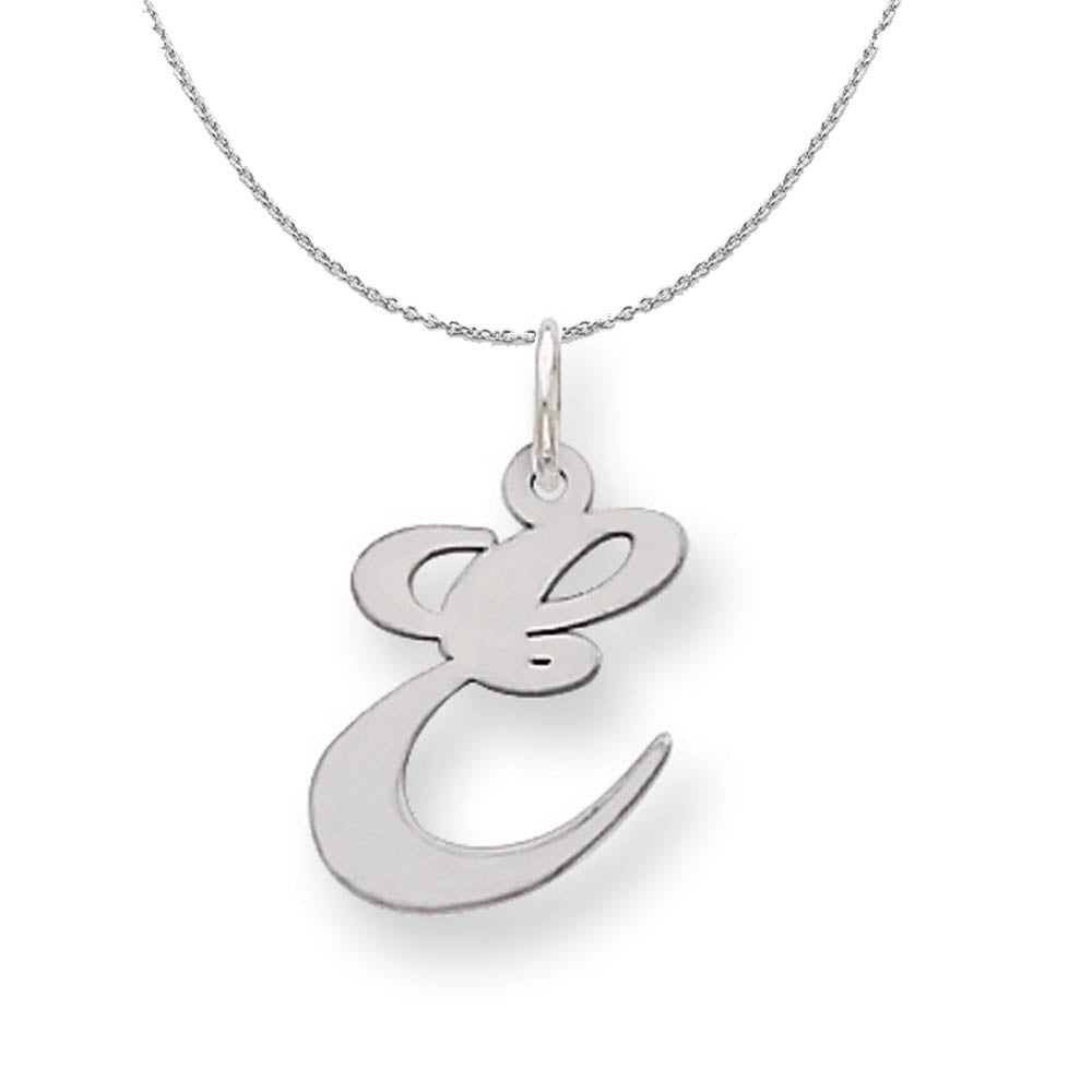 Silver, Ella Collection Medium Fancy Script Initial E Necklace, Item N15220 by The Black Bow Jewelry Co.