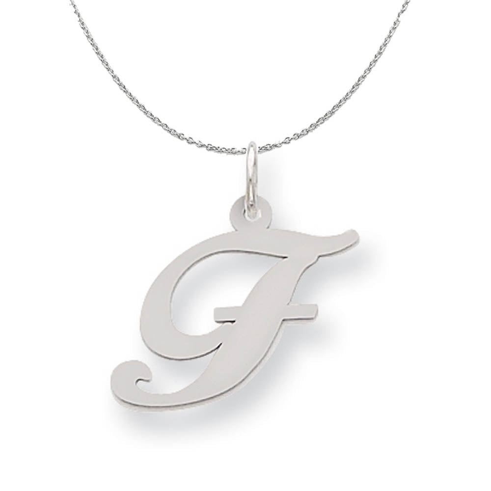 Silver, Ella Collection Medium Fancy Script Initial F Necklace