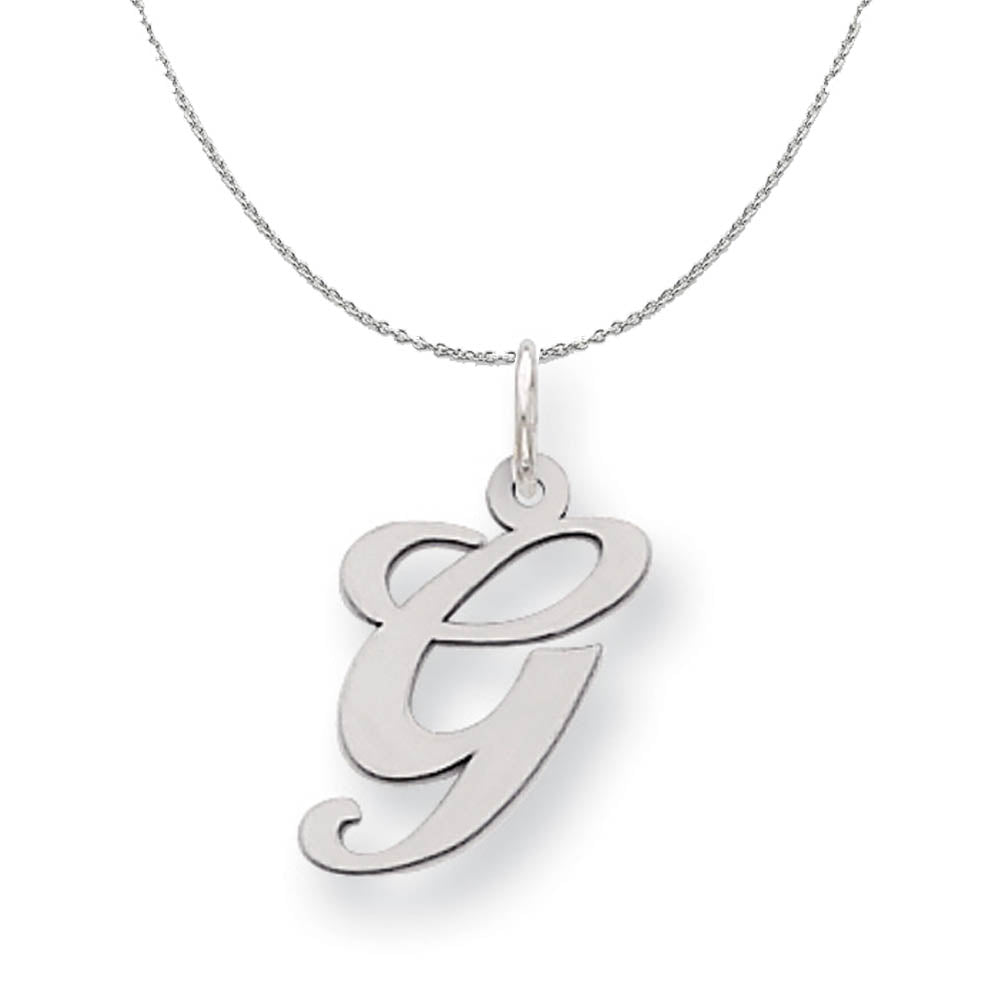 Silver, Ella Collection Medium Fancy Script Initial G Necklace, Item N15222 by The Black Bow Jewelry Co.