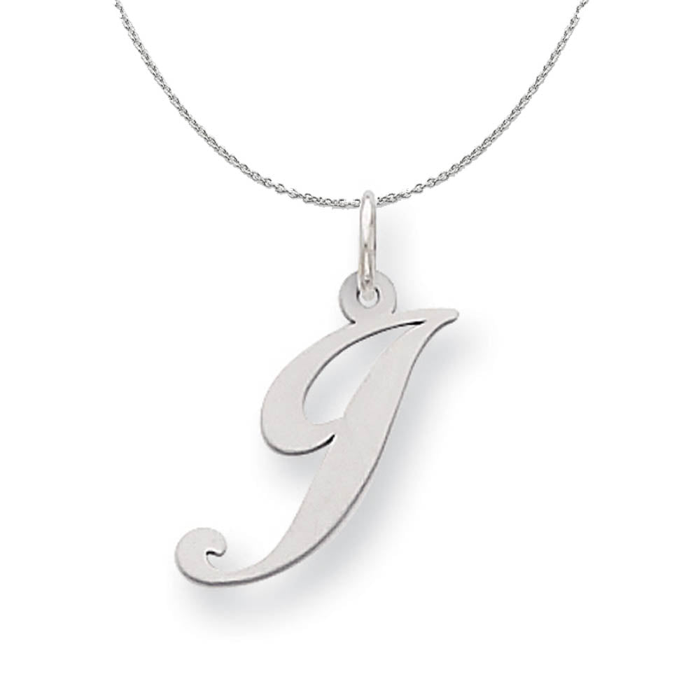 Silver, Ella Collection Medium Fancy Script Initial J Necklace, Item N15225 by The Black Bow Jewelry Co.