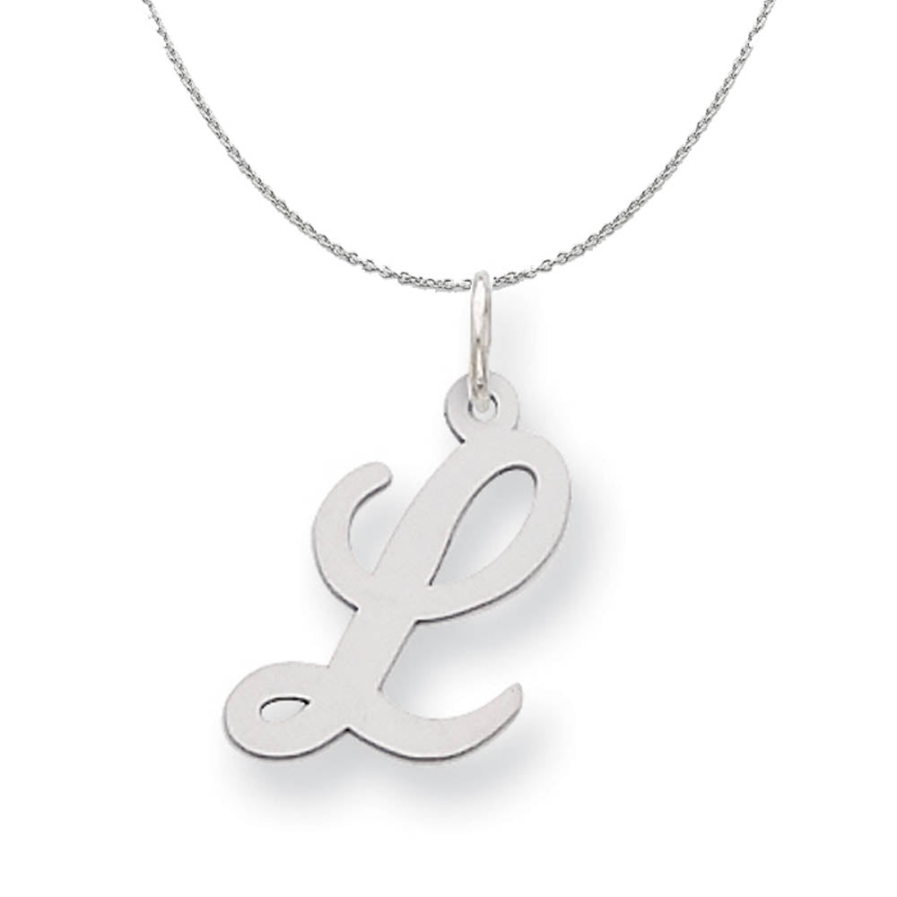 Silver, Ella Collection Medium Fancy Script Initial L Necklace, Item N15227 by The Black Bow Jewelry Co.