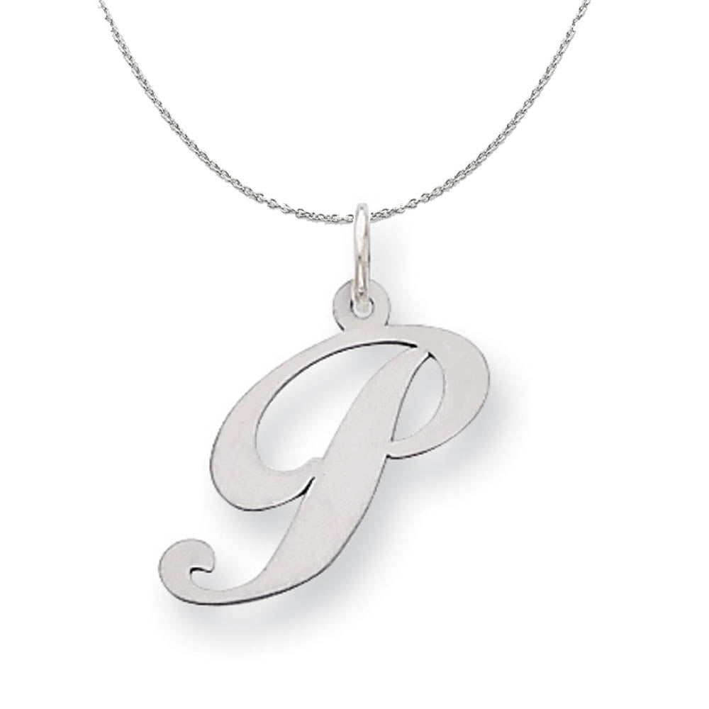 Silver, Ella Collection Medium Fancy Script Initial P Necklace, Item N15231 by The Black Bow Jewelry Co.