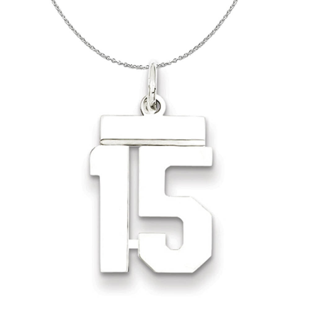 Silver, Athletic Collection, Small Polished Number 15 Necklace, Item N15274 by The Black Bow Jewelry Co.