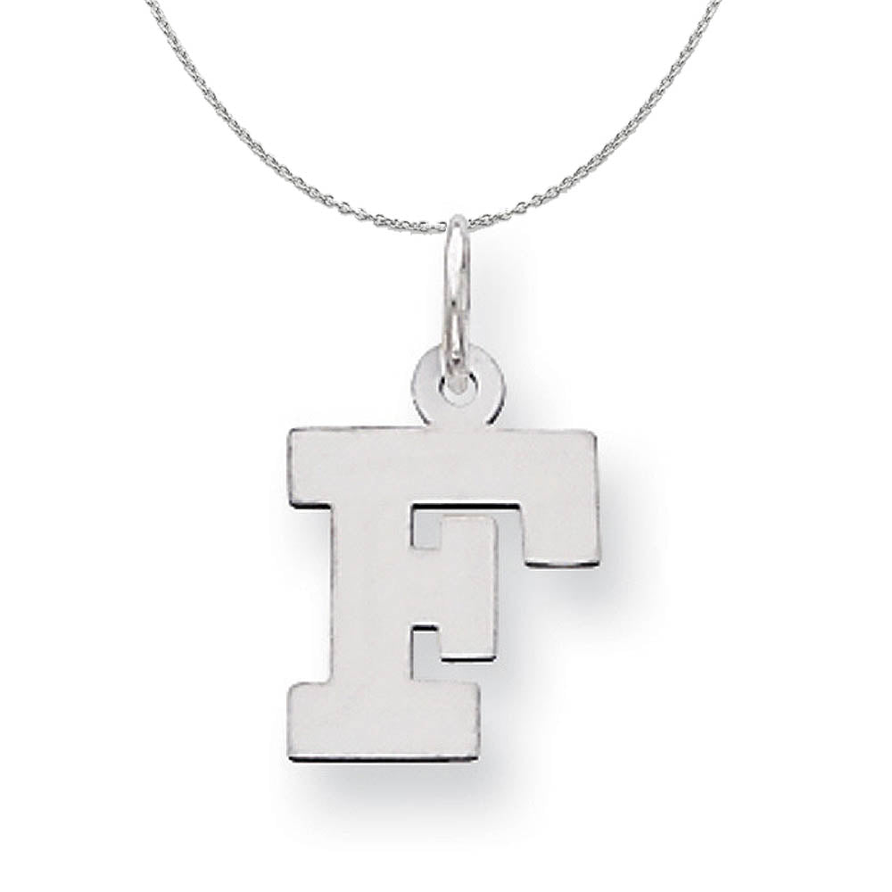 Silver, Amanda Collection Small Block Style Initial F Necklace, Item N15585 by The Black Bow Jewelry Co.
