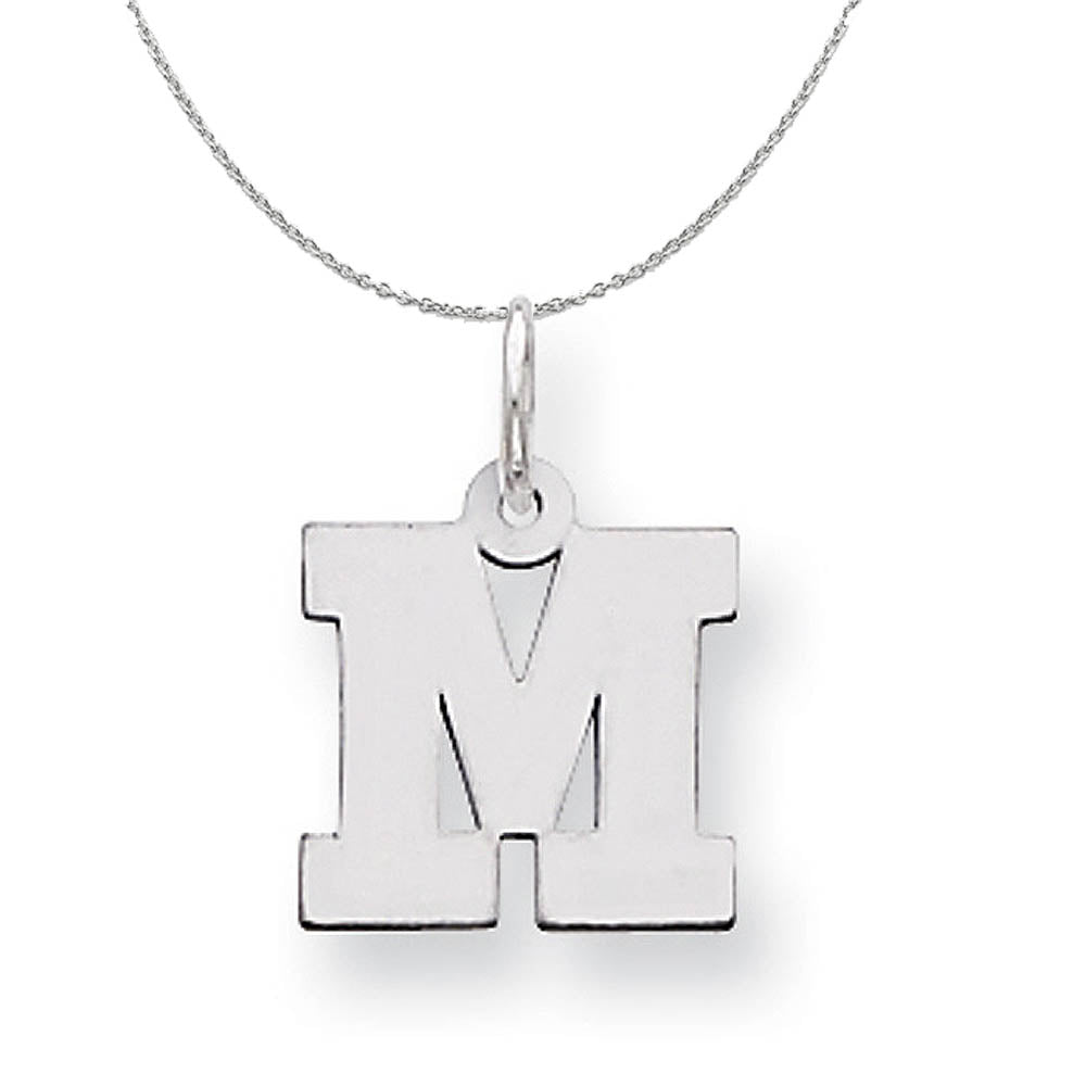 Silver, Amanda Collection Small Block Style Initial M Necklace, Item N15592 by The Black Bow Jewelry Co.