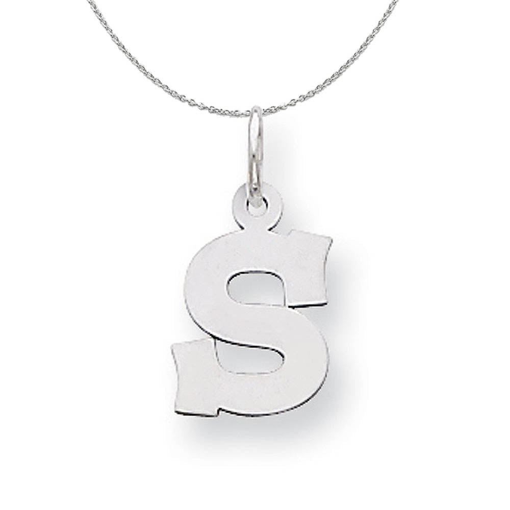 Silver, Amanda Collection Small Block Style Initial S Necklace, Item N15597 by The Black Bow Jewelry Co.