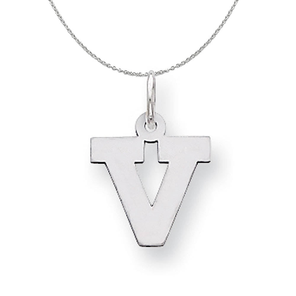 Silver, Amanda Collection Small Block Style Initial V Necklace, Item N15599 by The Black Bow Jewelry Co.