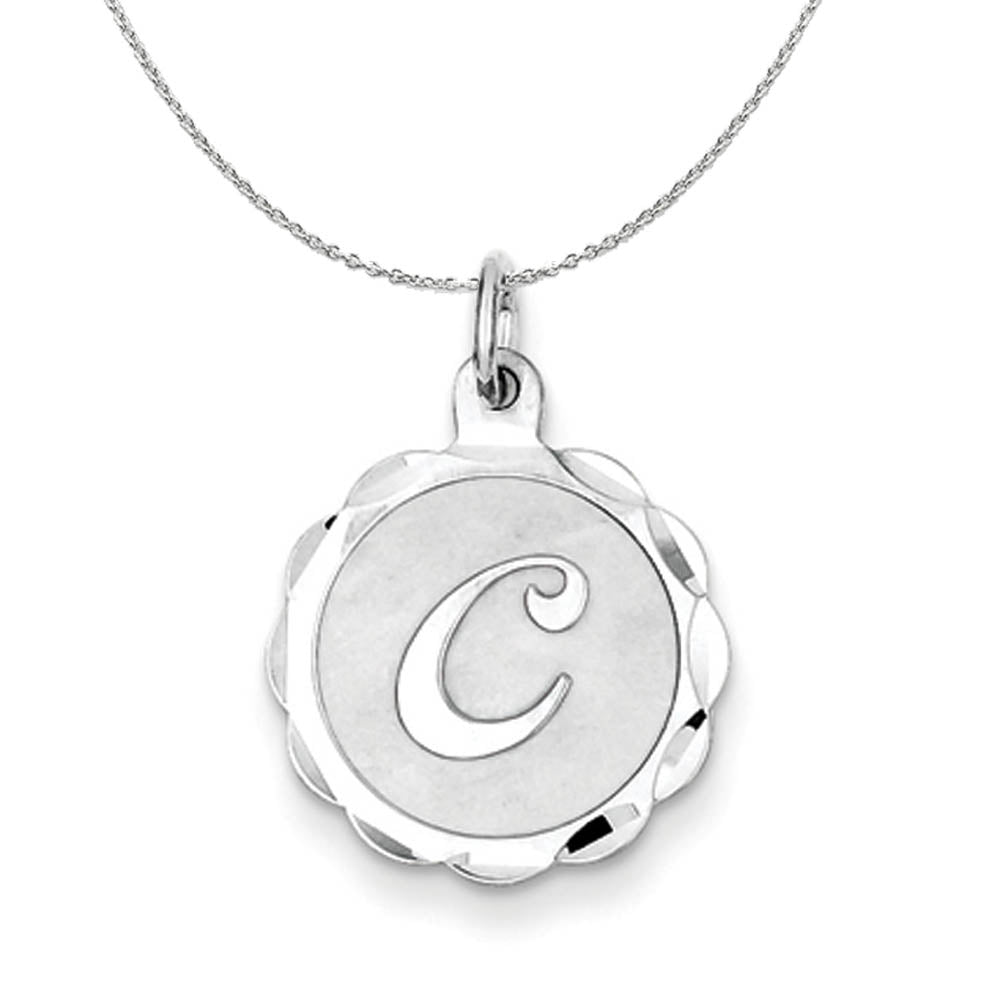 Silver, Sarah Collection 15mm Brocaded Disc Initial C Necklace, Item N15620 by The Black Bow Jewelry Co.