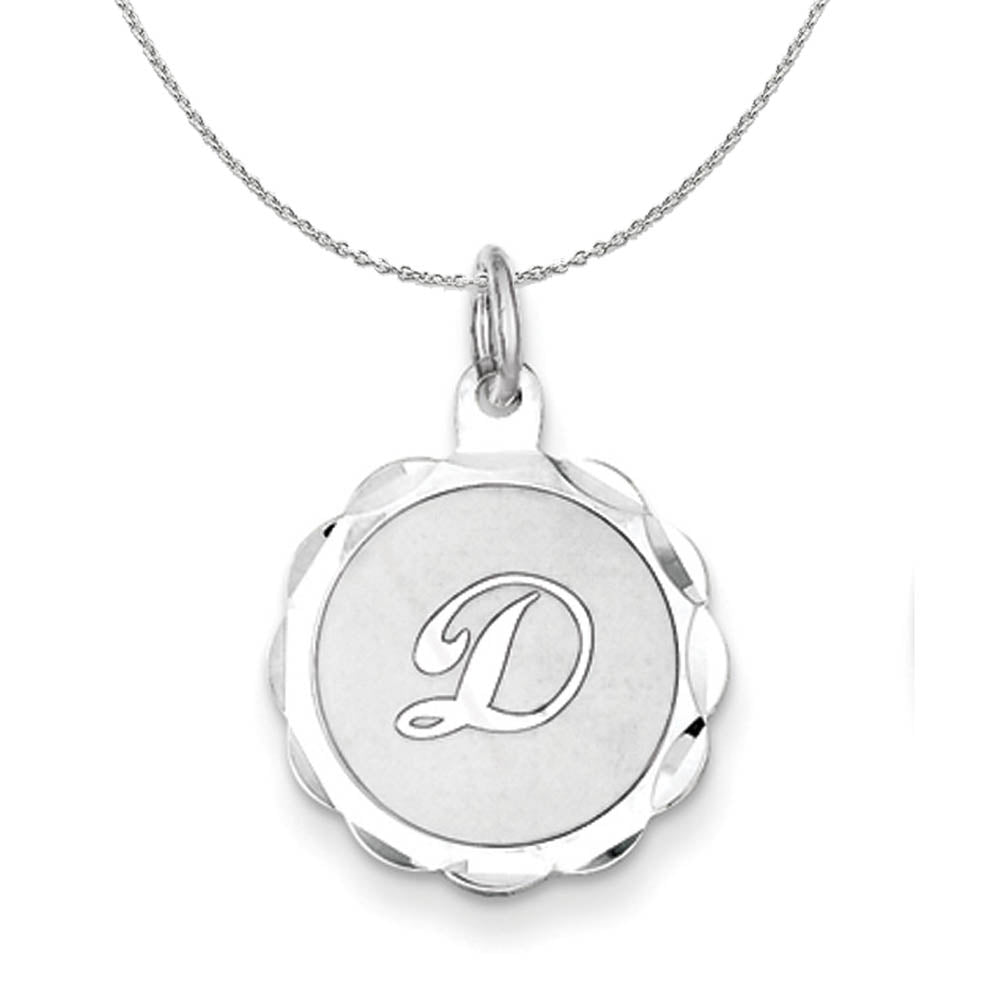Silver, Sarah Collection 15mm Brocaded Disc Initial D Necklace, Item N15621 by The Black Bow Jewelry Co.