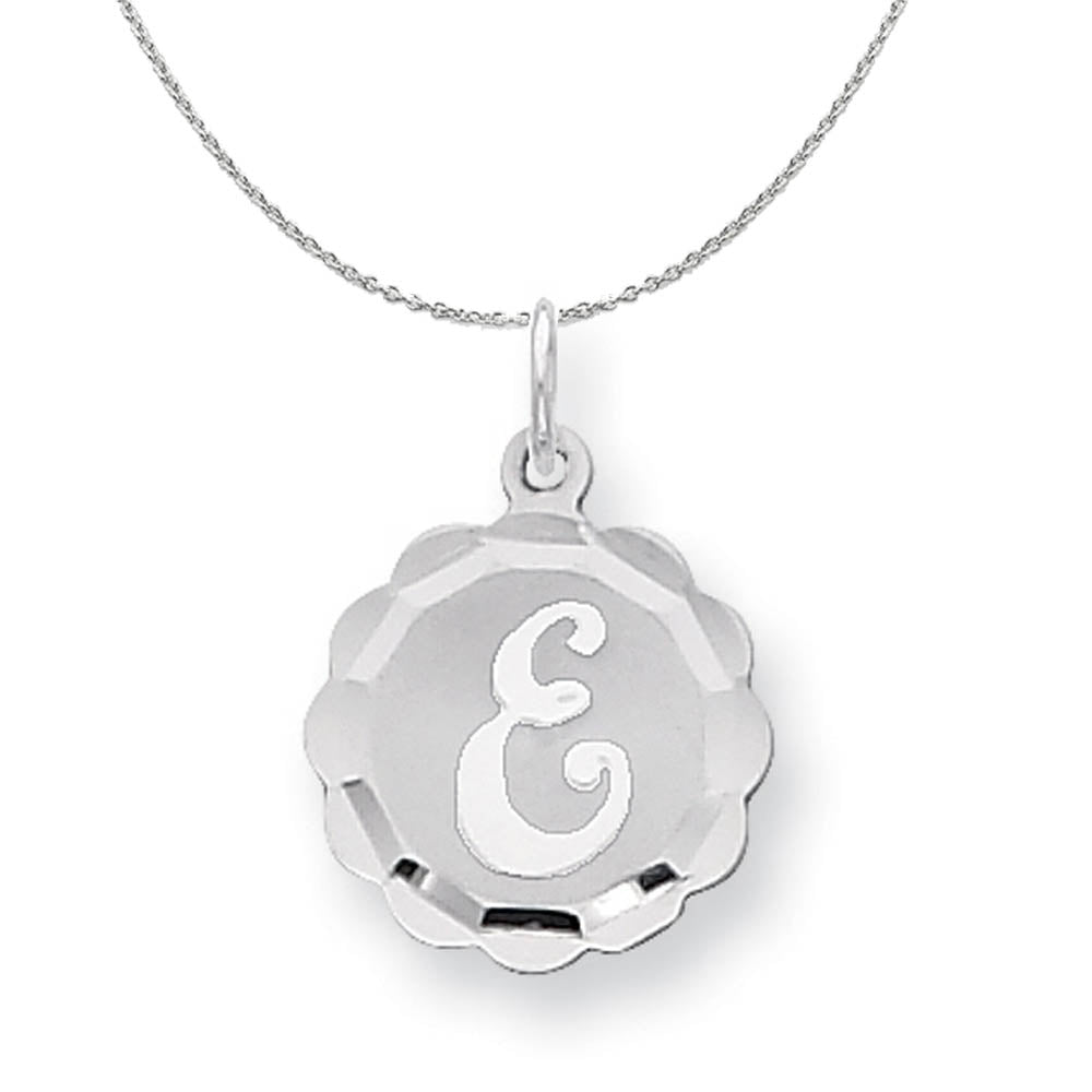 Silver, Sarah Collection 15mm Brocaded Disc Initial E Necklace, Item N15622 by The Black Bow Jewelry Co.
