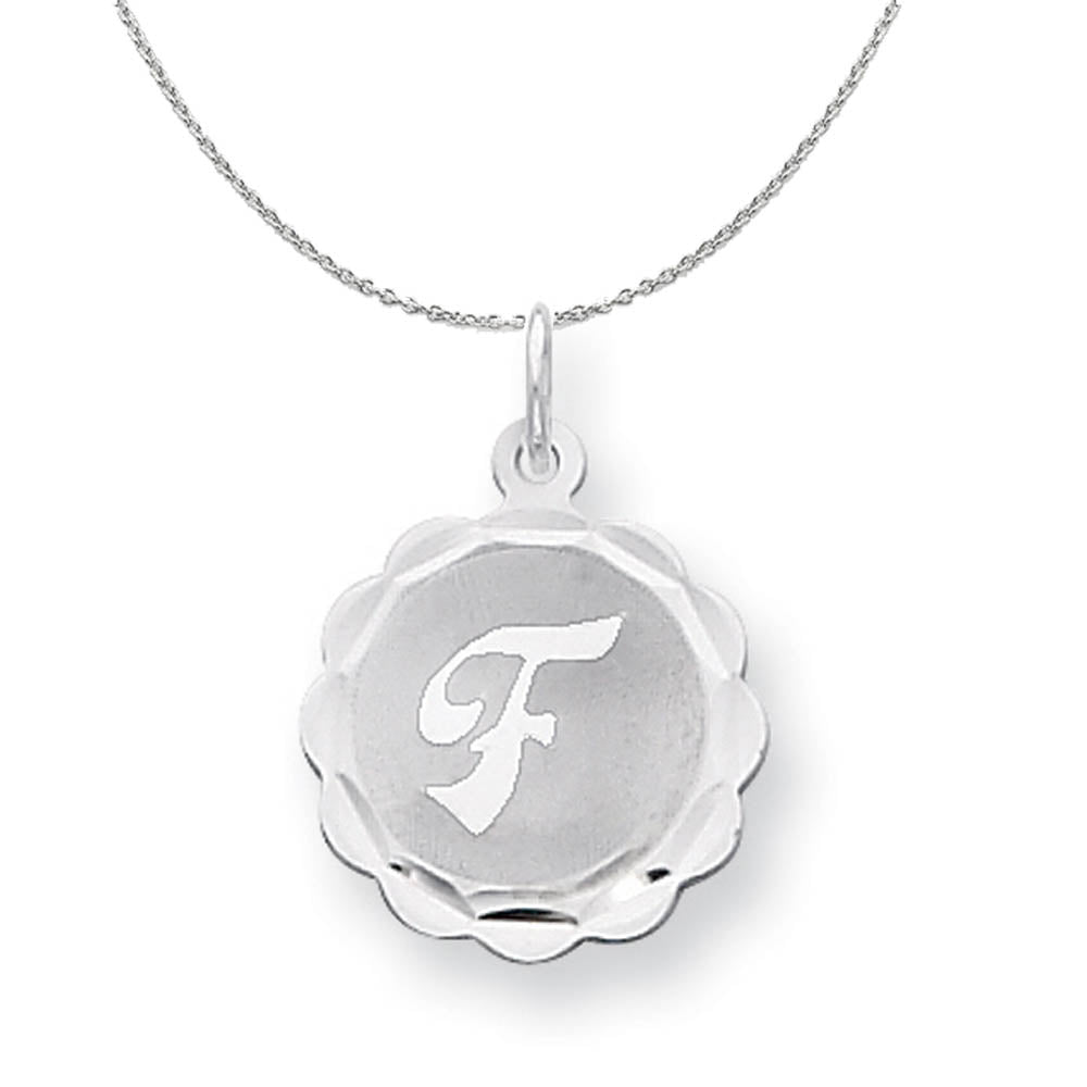 Silver, Sarah Collection 15mm Brocaded Disc Initial F Necklace, Item N15623 by The Black Bow Jewelry Co.