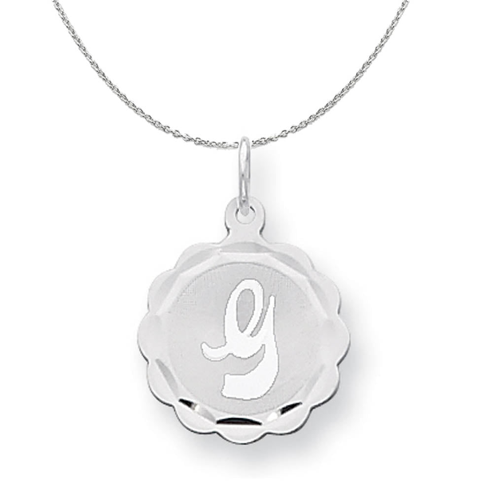 Silver, Sarah Collection 15mm Brocaded Disc Initial G Necklace, Item N15624 by The Black Bow Jewelry Co.