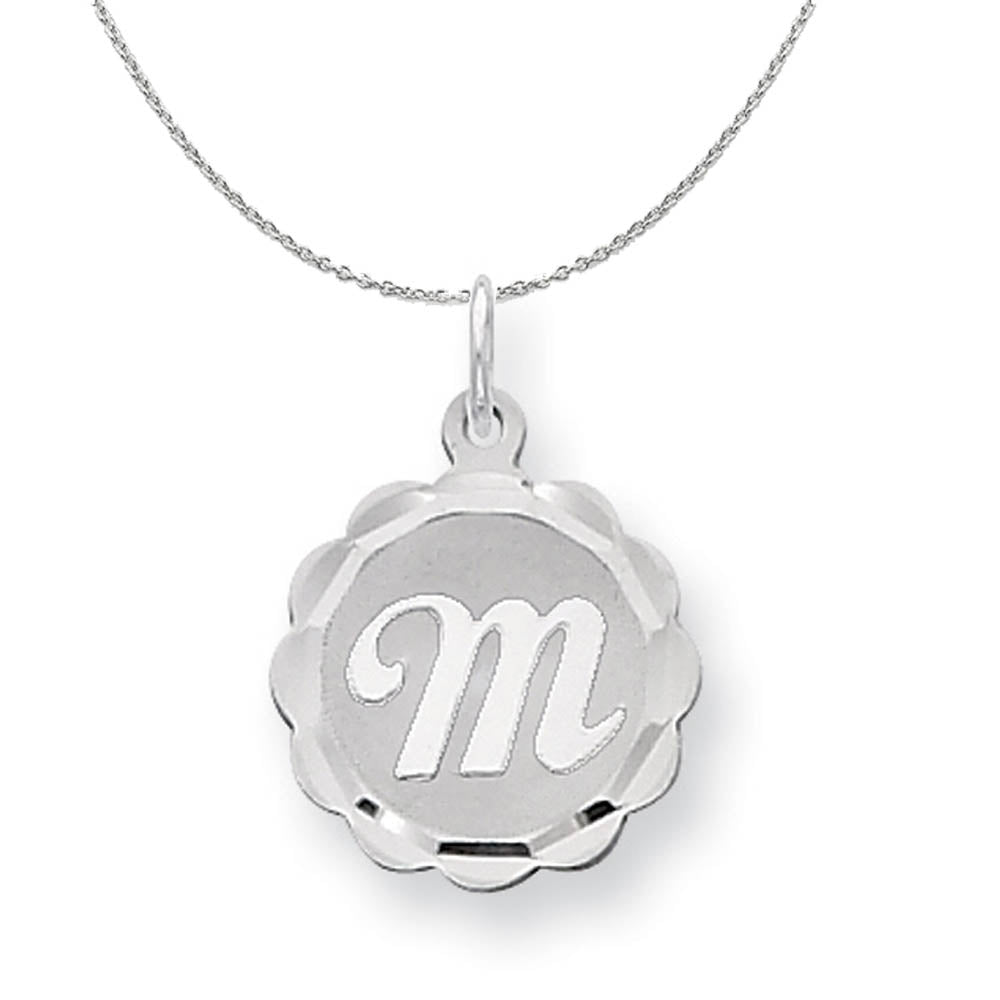 Silver, Sarah Collection 15mm Brocaded Disc Initial M Necklace, Item N15630 by The Black Bow Jewelry Co.