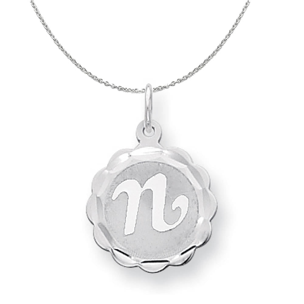 Silver, Sarah Collection 15mm Brocaded Disc Initial N Necklace, Item N15631 by The Black Bow Jewelry Co.