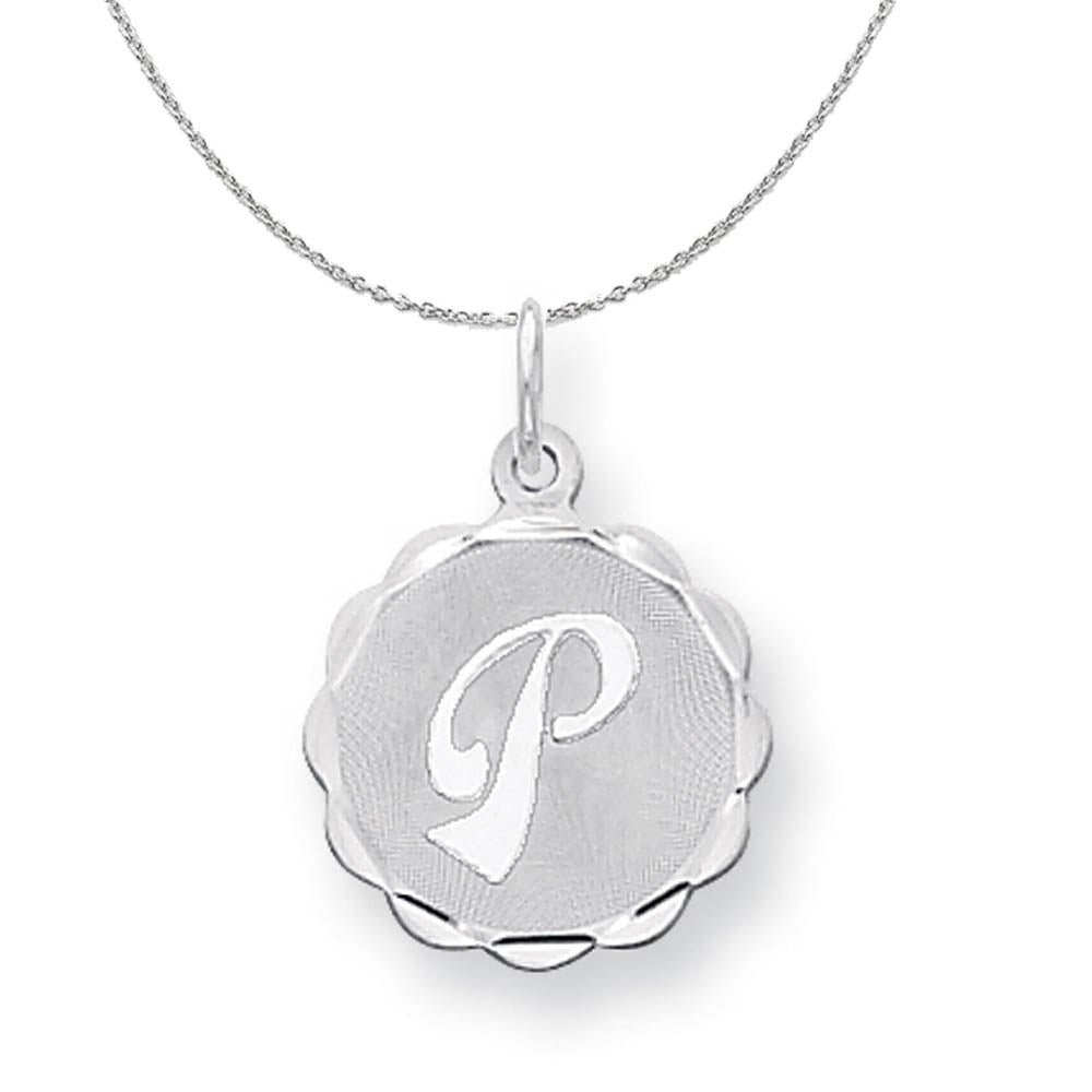 Silver, Sarah Collection 15mm Brocaded Disc Initial P Necklace, Item N15633 by The Black Bow Jewelry Co.