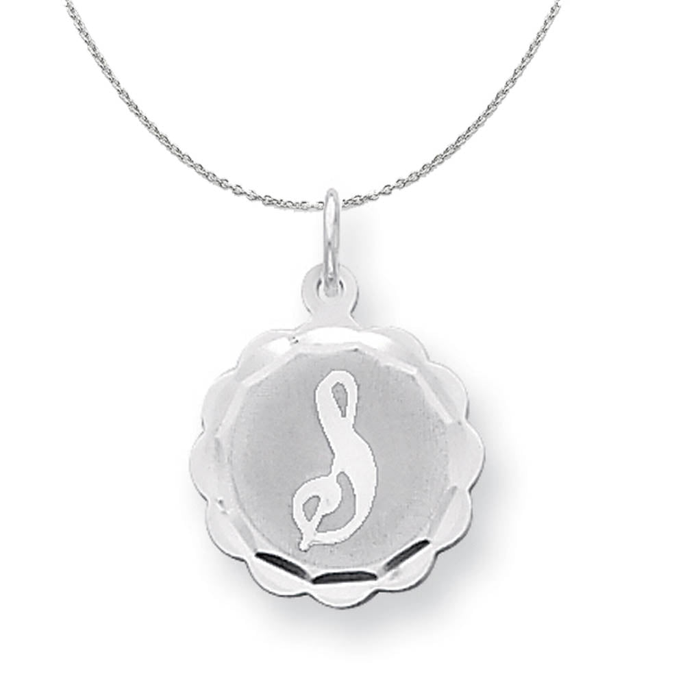 Silver, Sarah Collection 15mm Brocaded Disc Initial S Necklace, Item N15635 by The Black Bow Jewelry Co.