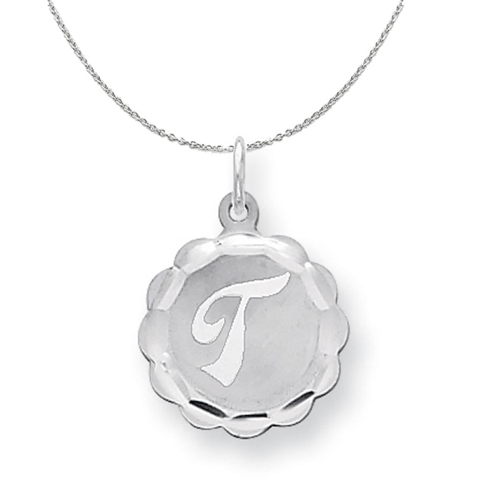 Silver, Sarah Collection 15mm Brocaded Disc Initial T Necklace, Item N15636 by The Black Bow Jewelry Co.