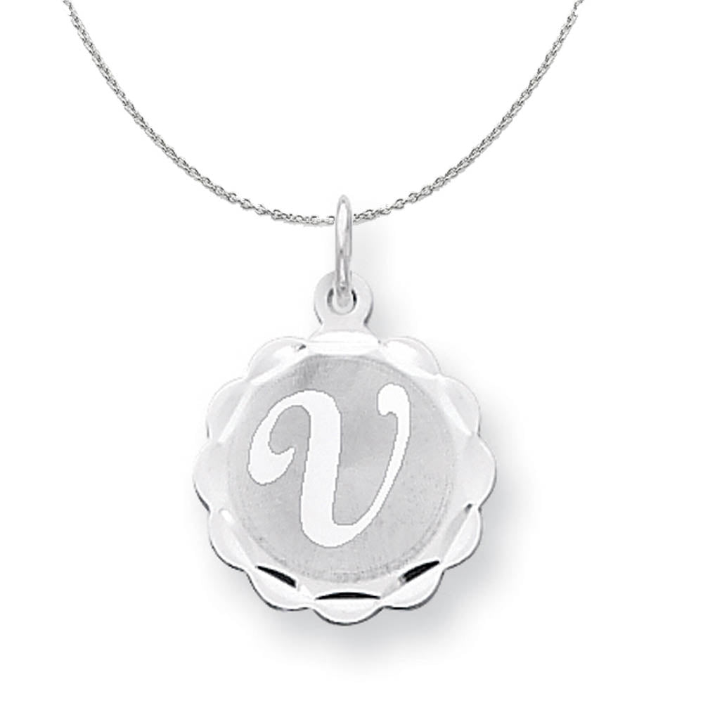 Silver, Sarah Collection 15mm Brocaded Disc Initial V Necklace, Item N15637 by The Black Bow Jewelry Co.
