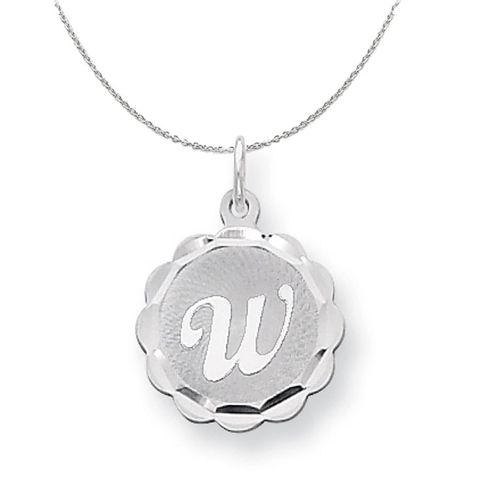 Silver, Sarah Collection 15mm Brocaded Disc Initial W Necklace, Item N15638 by The Black Bow Jewelry Co.