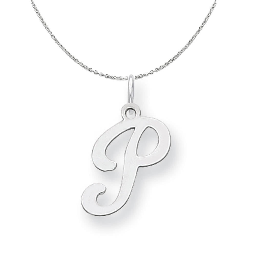 Sterling Silver, Sophia Collection, Small Script Initial P Necklace, Item N15708 by The Black Bow Jewelry Co.