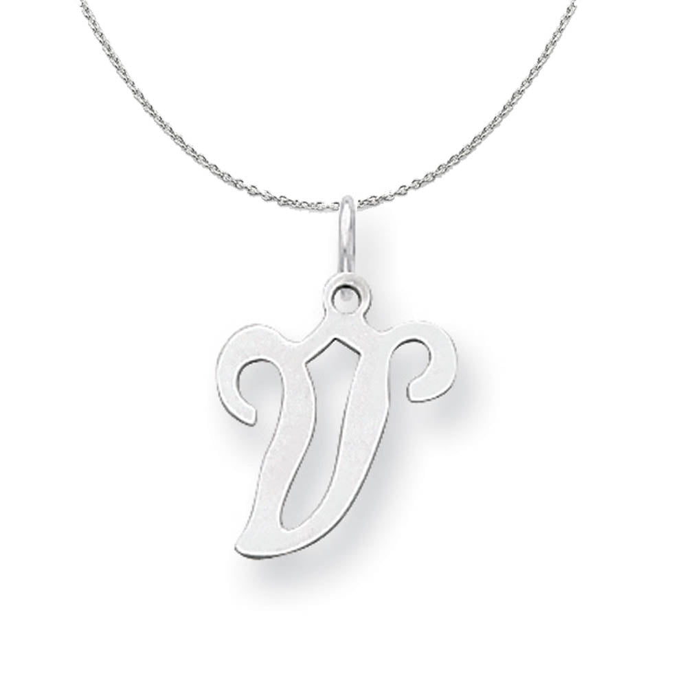 Sterling Silver, Sophia Collection, Small Script Initial V Necklace, Item N15712 by The Black Bow Jewelry Co.