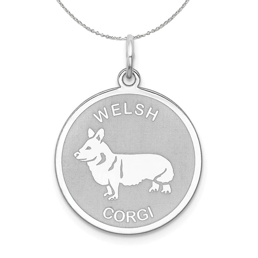 Sterling Silver Laser Etched Welsh Corgi Dog 19mm Necklace, Item N15758 by The Black Bow Jewelry Co.