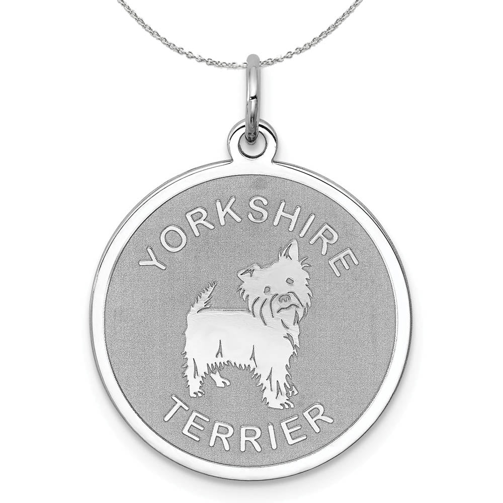 Sterling Silver Laser Etched Yorkshire Terrier Dog 19mm Necklace, Item N15760 by The Black Bow Jewelry Co.