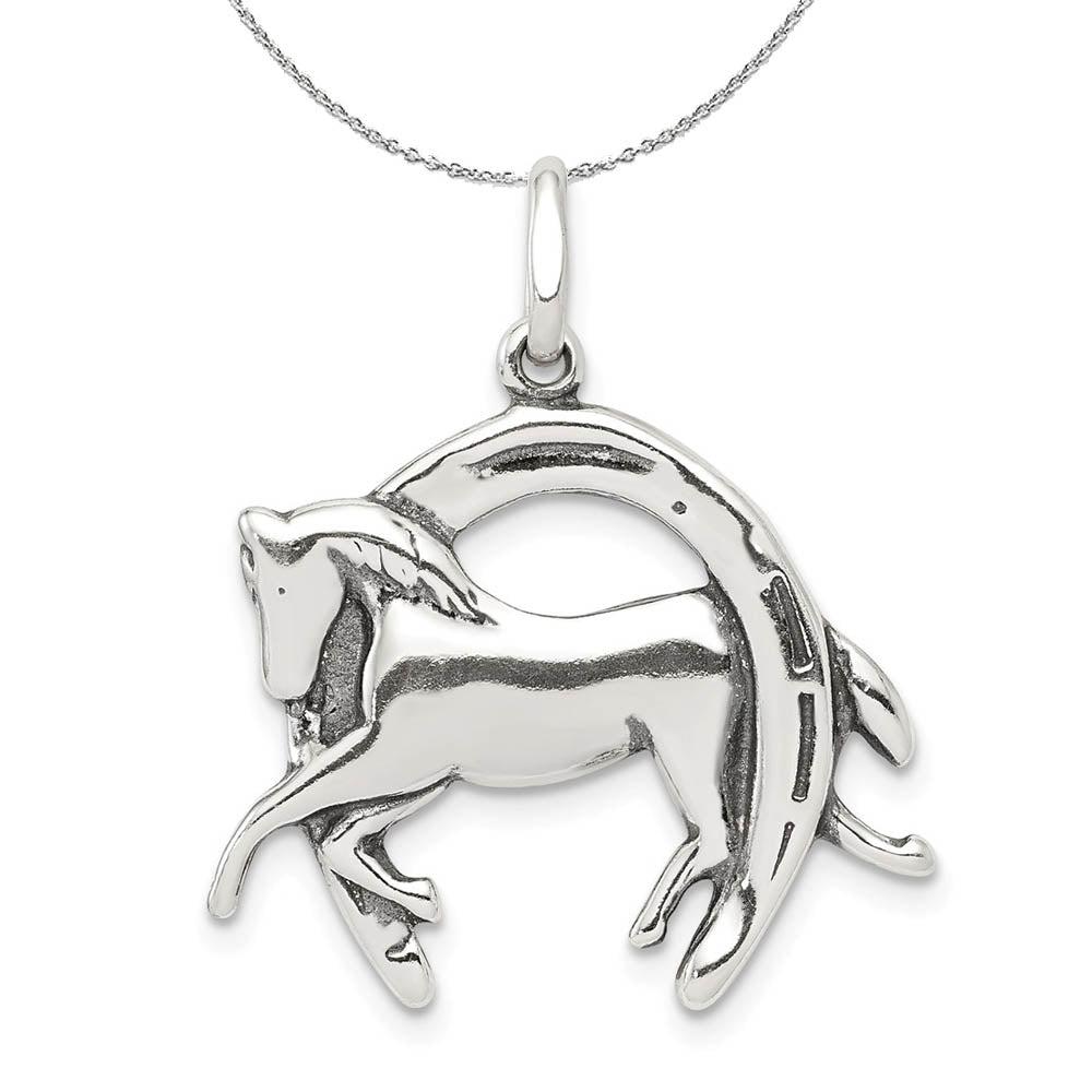 Sterling Silver Antiqued 3D Horse and Horseshoe Necklace, Item N15762 by The Black Bow Jewelry Co.