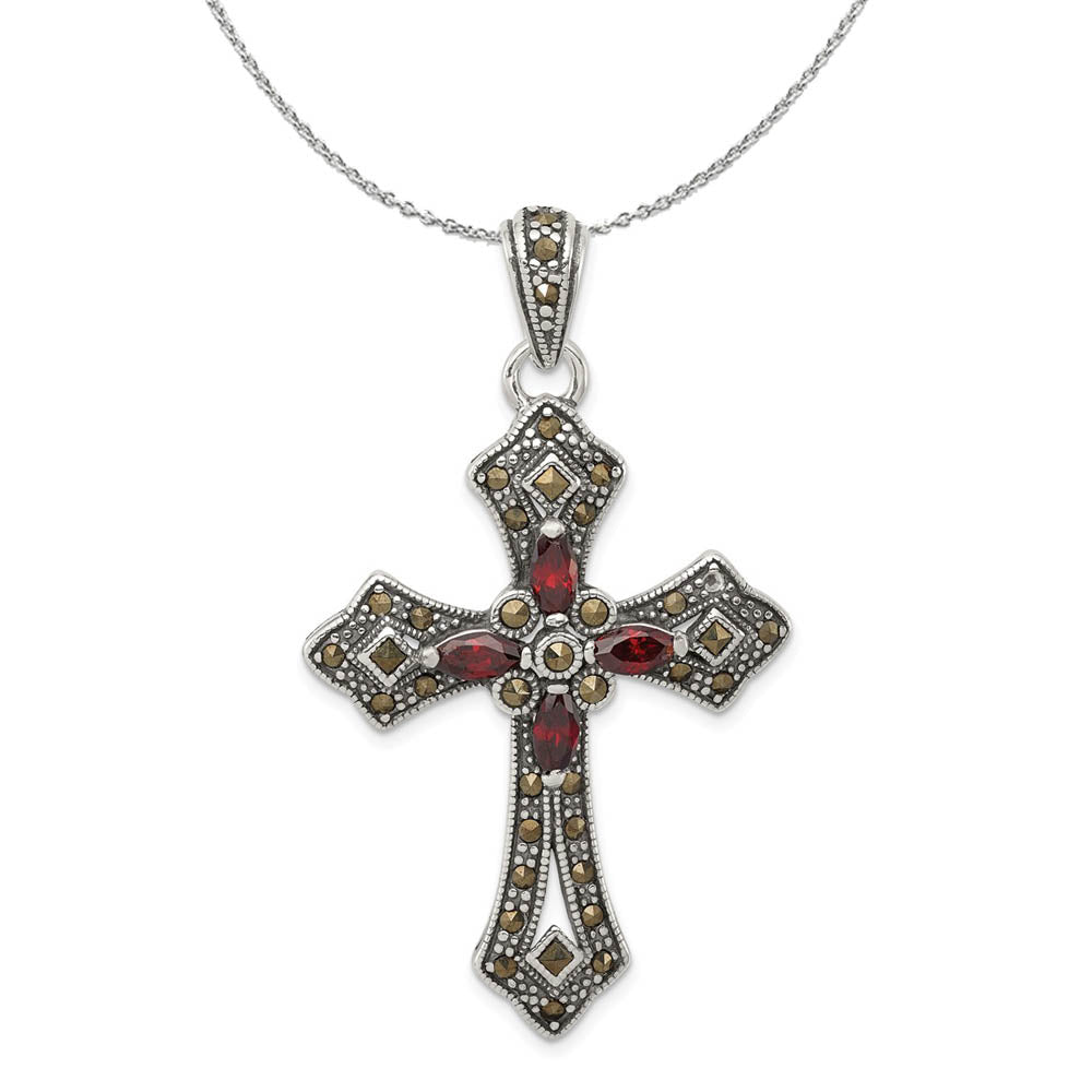 Sterling Silver, Red CZ & Marcasite Antiqued Passion Cross Necklace, Item N15792 by The Black Bow Jewelry Co.
