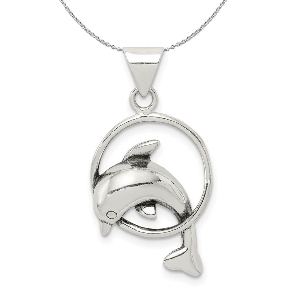 Sterling Silver Antiqued Dolphin and Hoop Necklace, Item N15801 by The Black Bow Jewelry Co.
