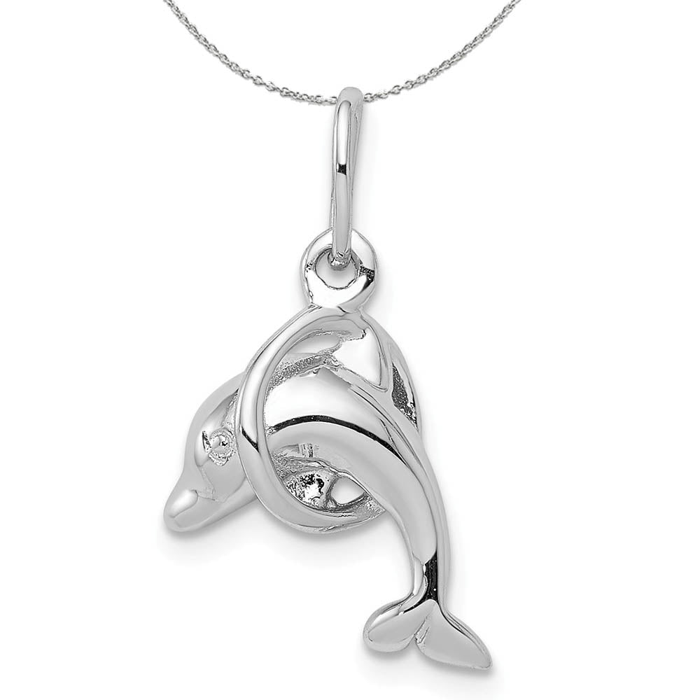 Sterling Silver Small 3D Polished Dolphin and Hoop Charm Necklace, Item N15814 by The Black Bow Jewelry Co.