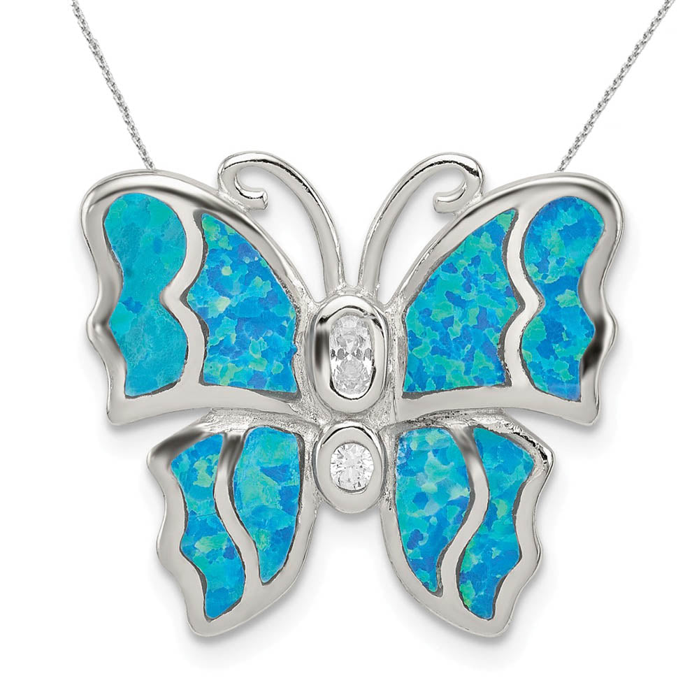 Sterling Silver, Created Opal & CZ Butterfly 20mm Necklace, Item N15820 by The Black Bow Jewelry Co.