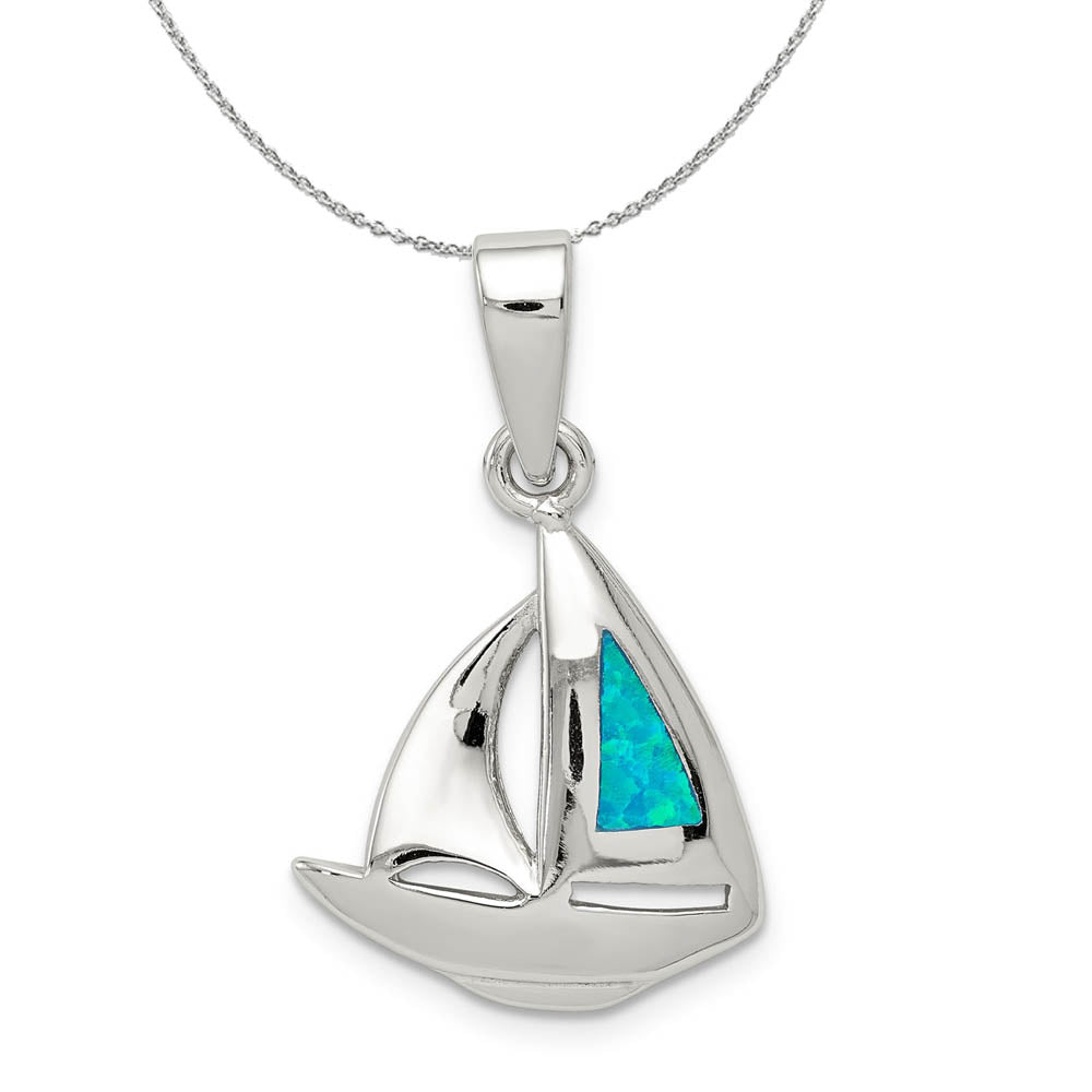 Sterling Silver and Created Opal Sailboat Necklace, Item N15821 by The Black Bow Jewelry Co.