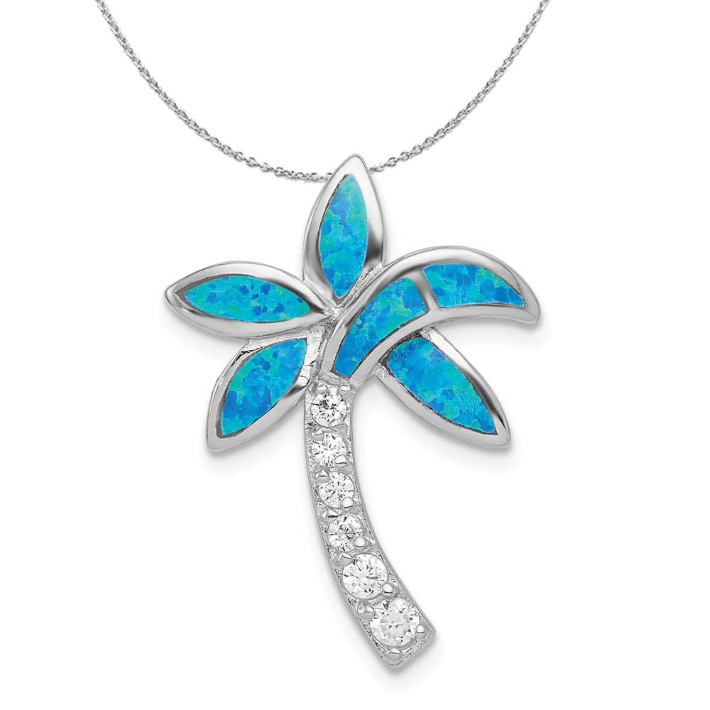 Sterling Silver, Created Opal and Cubic Zirconia Palm Tree Necklace, Item N15822 by The Black Bow Jewelry Co.