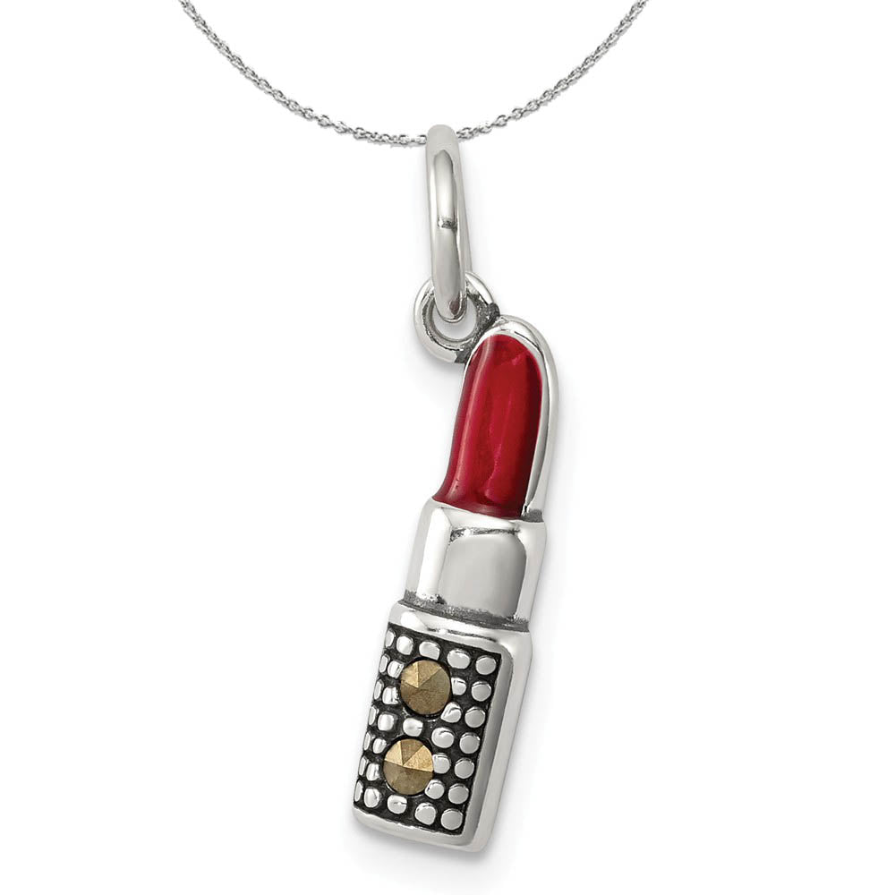 Silver, Marcasite and Red Enamel Antiqued Lipstick Charm Necklace, Item N15842 by The Black Bow Jewelry Co.