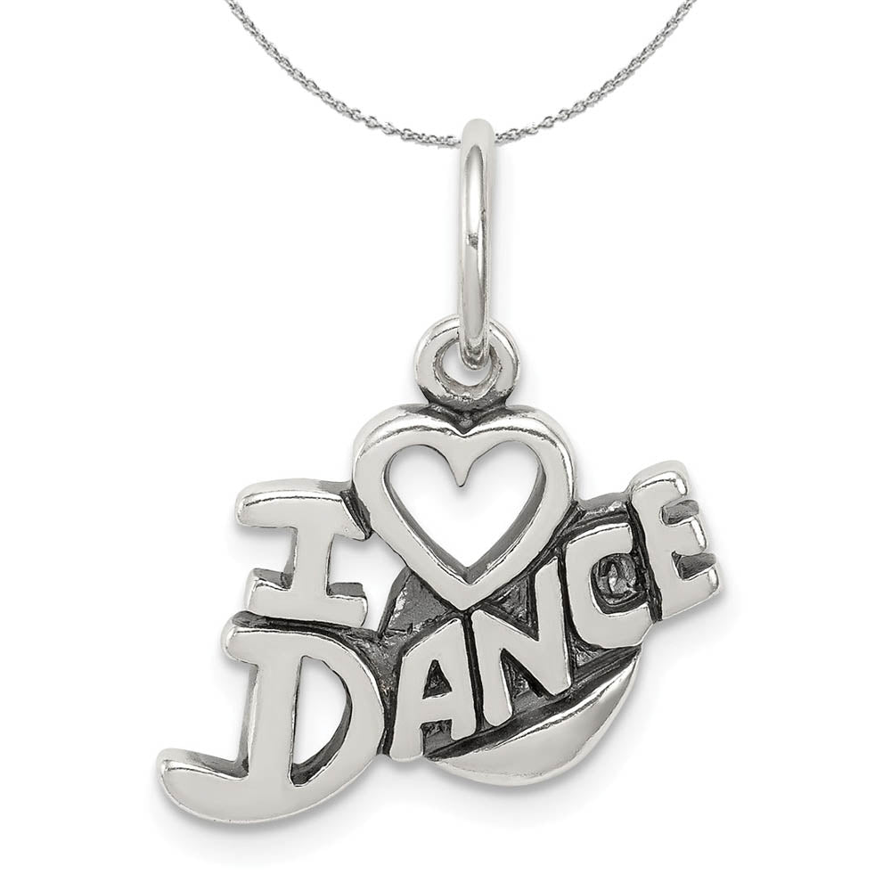Sterling Silver Antiqued I Heart Dance Script Charm Necklace, Item N15865 by The Black Bow Jewelry Co.