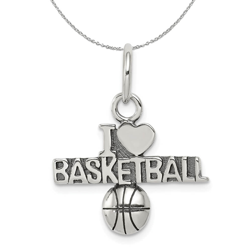 Sterling Silver Antiqued I Heart Basketball Script Necklace, Item N15873 by The Black Bow Jewelry Co.