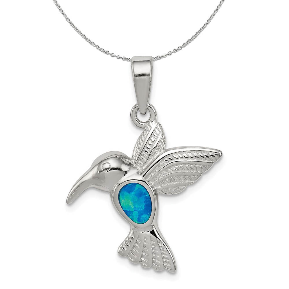 Sterling Silver and Created Blue Opal Inlay Hummingbird Necklace, Item N15902 by The Black Bow Jewelry Co.