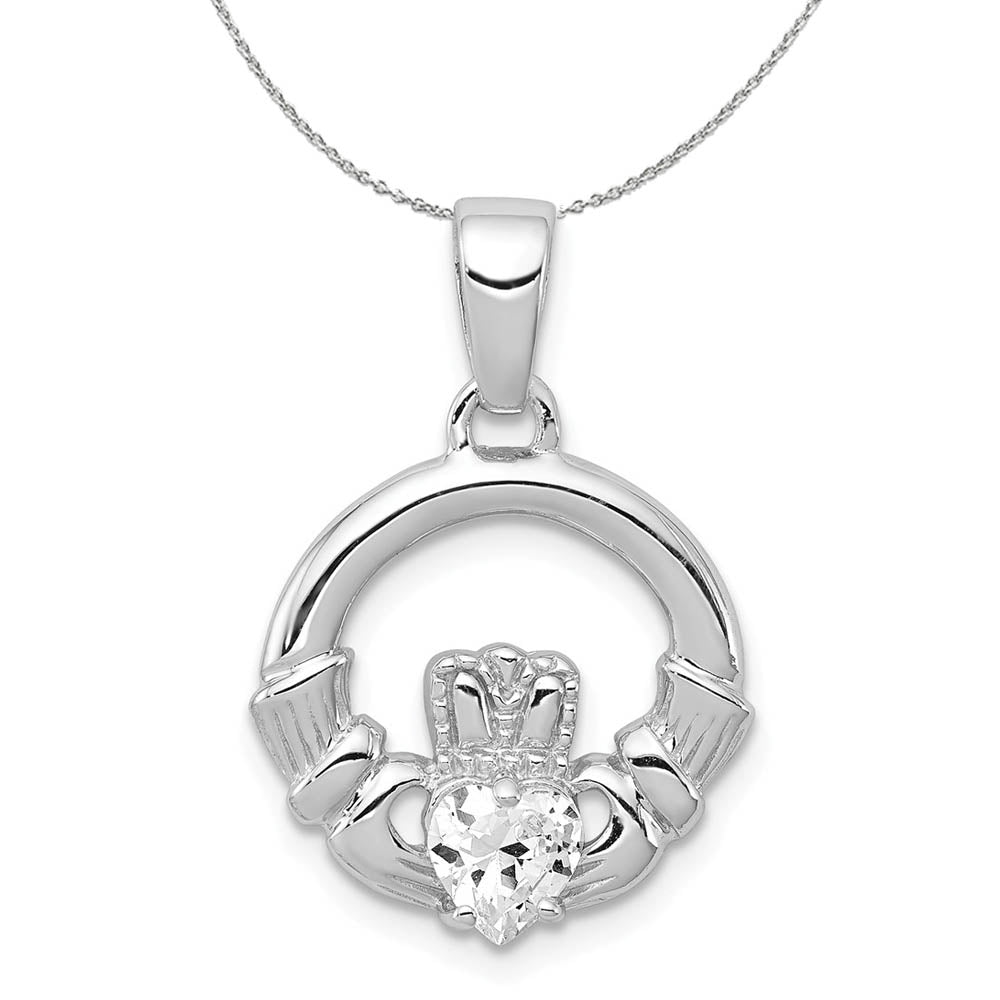 Sterling Silver and Cubic Zirconia Claddagh 15mm Necklace, Item N15913 by The Black Bow Jewelry Co.