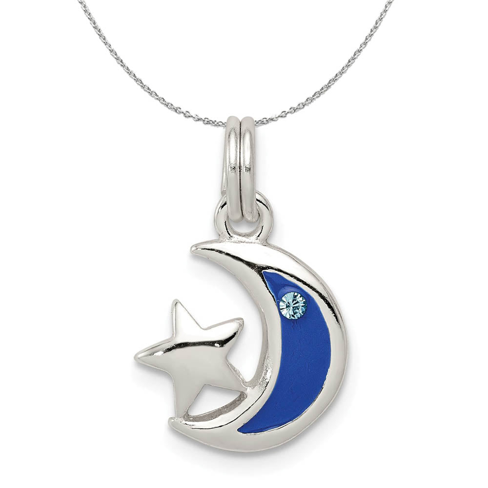 Silver, Cubic Zirconia and Enamel Blue Moon and Star Charm Necklace, Item N15941 by The Black Bow Jewelry Co.